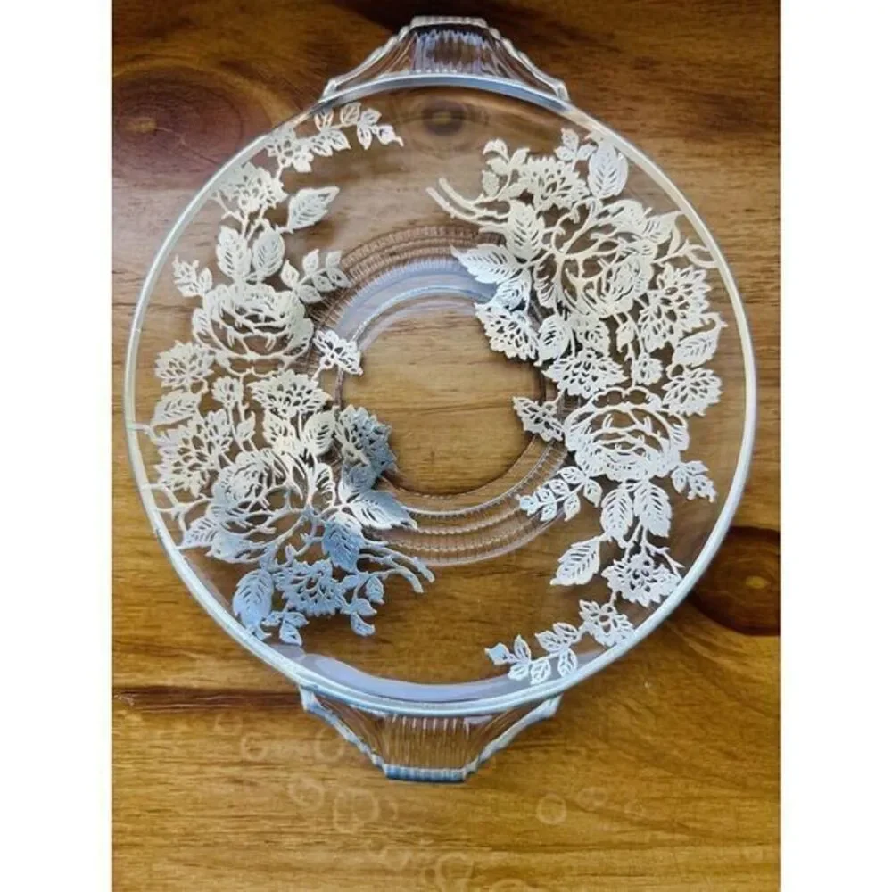 Vintage Floral‎ Leaf Silver Overlay Glass Plate W/Handles Silver Trim 8